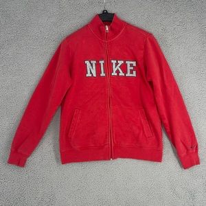Nike red zip up sweater jacket long sleeve pockets women’s size large gray logo